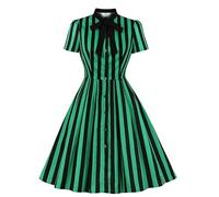 ABEHIK Women 1950s Vertical Striped Dress Halloween Costume Cosplay Outfits Vintage Buttons Tie Rockabilly Pinup Midi Dress, Green, L