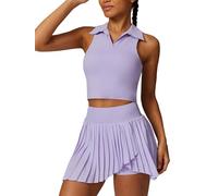 ABEHIK Women 2 Piece Tennis Dress Sleeveless Racerback Padded Crop Top Pleated High Waisted Tennis Skirt Golf Workout Outfits, Purple, L