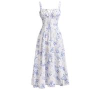 ABEHIK Women Elegant Floral Dress for Holiday Spaghetti Strap Wedding Guest Dresses for Lady Casual Spring Summer Beach Sun Dress Light Blue XS