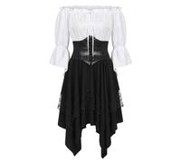 ABEHIK Women's Pirate Costume, 3-Piece Medieval Costume with Waist Belt | Off-Shoulder and High-Low, Renaissance Festival, Halloween, Carnival, Cosplay Costume, Long Sleeve Bell Sleeves