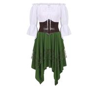 ABEHIK Women's Pirate Costume, 3-Piece Medieval Costume with Waist Belt | Off-Shoulder and High-Low, Renaissance Festival, Halloween, Carnival, Cosplay Costume, Long Sleeve Bell Sleeves