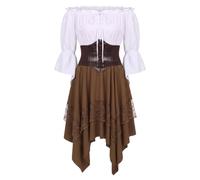 ABEHIK Women's Pirate Costume, 3-Piece Medieval Costume with Waist Belt | Off-Shoulder and High-Low, Renaissance Festival, Halloween, Carnival, Cosplay Costume, Long Sleeve Bell Sleeves