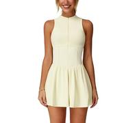 ABEHIK Womens Tennis Dress in Shorts Zip Front Sleeveless Ruffle A-line Summer Workout Athletic Golf Dresses with Pockets, Yellow, L