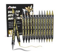 ABEIER Acrylic Paint Pens 12PCS Gold, Silver, White, Black, Dual Tip Fine & Brush Markers,Quick Drying Metallic Pens for Rock, Wood, Glass, Fabric, Canvas, Scrapbook Supplies, DIY & Halloween Crafts