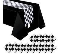 Abeillo 12 Pcs Plastic Checkered Table Runner, 14 x 108 Inch Race Car Plastic Table Cloths Racetrack Road Tablecloth Black and White Checkerboard Table Decoration for Birthday Racing Theme Party