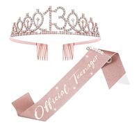 Abeillo 13th Birthday Sash and Crown for Girls, Rose Gold Birthday Crown 13 & 'Official Teenager' Decoration Satin Sash 13th Birthday Gifts for Happy 13th Birthday Party Favor Supplies