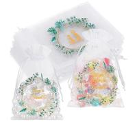 Abeillo 200Pcs Love Is Sweet Organza Gift Bags, 4x6 Inch Mesh Jewelry Bags with Drawstring, Wedding Favor Sachet Bracelet Bag Eucalyptus Leave Jewelry Pouches Small Sheer Gifts Packaging
