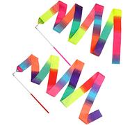 Abeillo 2pcs Rhythmic Dance Ribbons, 2M Gymnastics Ribbon Dancer Wand Dancing Ribbons Streamers for Kids, Fits Artistic Dancing Gymnastics, Circus Carnival Shows, Baton Stick Twirling (Rainbow)