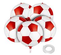 Abeillo 4D 22 Inch Football Balloons - 5 Pieces Football Shape Aluminum Foil Balloons Soccer Party Decorations with Ribbon for Football Match Theme Birthday Party Supplies(Red)