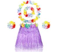 Abeillo 5 Pack Hawaiian Hula Grass Skirt for Girls, Hula Dancing Skirt with Flower Costume Accessory Hawaiian Hula Party Dress Up for Girls(Purple)
