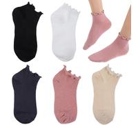 Abeillo 5Pairs Womens Ruffle Socks, Ankle High Cotton Frilly Socks Turn-Cuff Lettuce Edge Ankle Crew Socks for Women,Girls Size 4-8 (Black White Beige Dark Gray Pink)