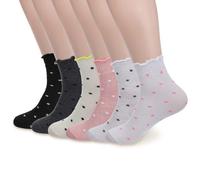 Abeillo 6 Pairs Women's Ruffle Socks, Soft Crew Socks Breathable Women Ruffle Ankle Sock Cute Polka Dot Cotton Sock for Women