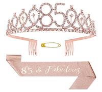 Abeillo 85th Birthday Sash and Tiara Kit - Rose Gold 85& Fabulous Sash and Rhinestone Crown 85 Years Old Birthday Gift for Women Happy 85th Party Decorations