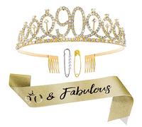 Abeillo 90th Birthday Sash and Tiara Kit - Gold 90& Fabulous Sash and Rhinestone Crown 90th Birthday Gift for Women Happy 90th Party Decorations
