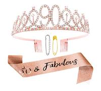 Abeillo 90th Birthday Sash and Tiara Kit - Rose Gold 90& Fabulous Sash and Rhinestone Crown 90th Birthday Gift for Women Happy 90th Party Decorations