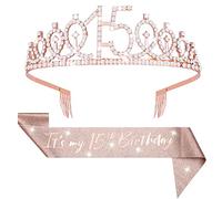 Abeillo 'It's my 15th Birthday' Sash and Tiara for Girls, Rose Gold Birthday Crown 15 & Fabulous Decoration Satin Sash 15th Birthday Gifts for Happy 15th Birthday Party Favor Supplies