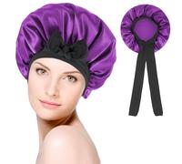 Abeillo Satin Sleep Bonnets for Women, Satin Night Sleeping Cap Soft Silk Bonnets for Sleeping, Hair Bonnet with Tie Band for Curly Hair Braid Women (Purple+black Band)