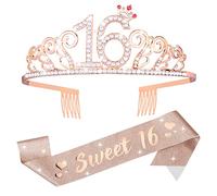 Abeillo Sweet 16 Tiara and Sash Set for Girls, Birthday Decorative Satin Sash Crystal Rhinestone Crown Sweet 16th Birthday Gifts for Girls Happy 16 Years Birthday Party Decorations Supplies