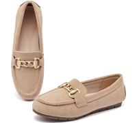 ABEJOJO Women's Loafer Shoes, Comfortable Slip on Casual Flat Penny Shoes for Walking, Driving, Dressy, Beige Suede, 7 UK Wide