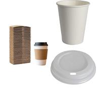 ABENA White Paper Coffee Cups, Compostable Lids & Sleeves, 380ml, 100 Pack