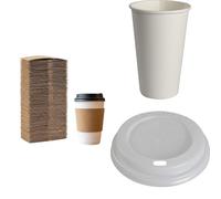 ABENA White Paper Coffee Cups, Compostable Lids & Sleeves, 490ml, 100 Pack