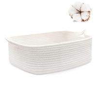 ABenkle Rope Basket, Small Storage Gift Basket, Rectangle Under Shelf Basket, Decorative Boho White Rope Woven Basket with Handle for Dog Toy Egg Fruit Snack Towel Easter