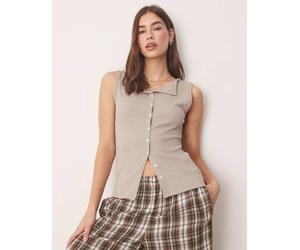 Abercrombie & Fitch Womens slash neck button through longline rib top in grey - Size Large