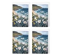 Aberdaron Coast Wales Wildflower Art Cards Multipack of 4 Seaside Daffodils Greeting Cards For Any Occasion, Blank Inside For Your Message, A6 Size 10 x 15 cms