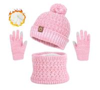 ABETOS Kids Winter Warm Beanie Hat Snood and Gloves Set, 3 in 1 Colourful Pom Pom Beanie Thermal Scarf Touch Screen Gloves for Boys Girls 2-10 Years Old