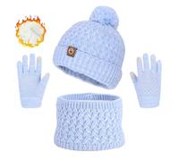 ABETOS Kids Winter Warm Beanie Hat Snood and Gloves Set, 3 in 1 Colourful Pom Pom Beanie Thermal Scarf Touch Screen Gloves for Boys Girls 2-10 Years Old