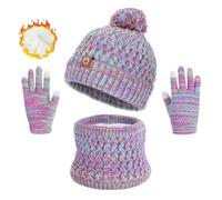 ABETOS Kids Winter Warm Beanie Hat Snood and Gloves Set, 3 in 1 Colourful Pom Pom Beanie Thermal Scarf Touch Screen Gloves for Boys Girls 2-10 Years Old