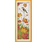 ABEUTY 11ct Pre Printed Cross Stitch Kits Bird Autumn Maple Branches for Adults Beginners, DIY Stamped Advanced Embroidery Sewing Starter Kit 20x54cm Needlework Set (Maple)