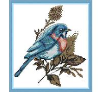 ABEUTY 11ct Pre Printed Cross Stitch Kits Blue Bird Branches Perching for Adults Beginners, DIY Stamped Advanced Embroidery Sewing Starter Kit 26x28cm Needlework Set (Bird)