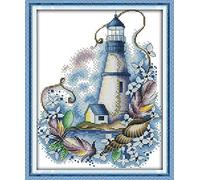 ABEUTY 11ct Pre Printed Cross Stitch Kits Blue Lighthouse Flowers for Adults Beginners, DIY Stamped Advanced Embroidery Sewing Starter Kit 28x37cm Needlework Set (Flowers)