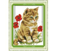 ABEUTY 11ct Pre Printed Cross Stitch Kits Cat and Poppy Flower for Adults Beginners, DIY Stamped Advanced Embroidery Sewing Starter Kit 27x37cm Needlework Set (Cat)