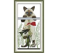 ABEUTY 11ct Pre Printed Cross Stitch Kits Cat Favorite Fish for Adults Beginners, DIY Stamped Advanced Embroidery Sewing Starter Kit 33x56cm Needlework Set (Cat)