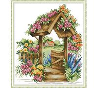 ABEUTY 11ct Pre Printed Cross Stitch Kits Flower Gate of Wonderland for Adults Beginners, DIY Stamped Advanced Embroidery Sewing Starter Kit 37x42cm Needlework Set (Flower Gate)