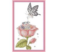ABEUTY 11ct Pre Printed Cross Stitch Kits Flower Pollination Butterfly for Adults Beginners, DIY Stamped Advanced Embroidery Sewing Starter Kit 50x76cm Needlework Set (Flower)