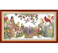 ABEUTY 11ct Pre Printed Cross Stitch Kits Garden Birds Flowers for Adults Beginners, DIY Stamped Advanced Embroidery Sewing Starter Kit 69x39cm Needlework Set (Garden)
