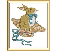 ABEUTY 11ct Pre Printed Cross Stitch Kits Hat Rabbit with Bow Tie for Adults Beginners, DIY Stamped Advanced Embroidery Sewing Starter Kit 32x37cm Needlework Set (Rabbit)
