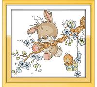 ABEUTY 11ct Pre Printed Cross Stitch Kits Naughty Rabbit Flowers Bird for Adults Beginners, DIY Stamped Advanced Embroidery Sewing Starter Kit 37x35cm Needlework Set (Rabbit)