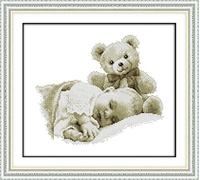 ABEUTY 11ct Pre Printed Cross Stitch Kits Sleeping Boy Bear Doll for Adults Beginners, DIY Stamped Advanced Embroidery Sewing Starter Kit 46x42cm Needlework Set (Boy)