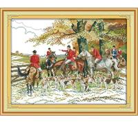 ABEUTY 14ct Cross Stitch Kits Horse Riding Hunting for Adults Beginners Pre Printed, DIY Advanced Embroidery Sewing Starter Kit Stamped 54×42cm Needlework Set (Hunting)