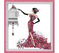 ABEUTY Cross Stitch Kits Birdcage and Lady for Adults Pre Printed or NOT, DIY 14 Count Embroidery Sewing Starter Kit Stamped or Unstamped DMC Needlework Easy Beginners (Unstamped)