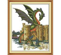 ABEUTY Cross Stitch Kits Dragon and Castle Animal for Adults Pre Printed or NOT, DIY 14 Count Embroidery Sewing Starter Kit Stamped or Unstamped DMC Needlework Easy Beginners