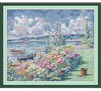 ABEUTY Cross Stitch Kits Flower Coast for Adults Pre Printed or NOT, DIY 14 Count Embroidery Sewing Starter Kit Stamped or Unstamped DMC Needlework Easy Beginners (Unstamped)