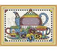 ABEUTY Cross Stitch Kits for Adults Beginners Pre Printed or NOT, Beatiful Coffee Cups Flower DIY 14 Count Embroidery Sewing Starter Kit Stamped or Unstamped Needlework Home Decor (Unstamped, Cups)