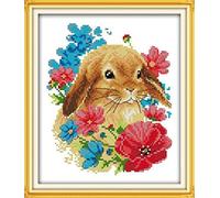 ABEUTY Cross Stitch Kits for Adults Beginners Pre Printed or NOT, Flowers Rabbit Animal DIY 14 Count Embroidery Sewing Starter Kit Stamped or Unstamped Needlework Home Decor (Stamped, Rabbit)