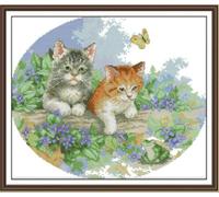 ABEUTY Cross Stitch Kits for Adults Beginners Pre Printed or NOT, Kittens Butterflies Animal DIY 14 Count Embroidery Sewing Starter Kit Stamped Needlework Home Decor (Stamped, Cat)