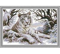 ABEUTY Cross Stitch Kits for Adults Beginners Pre Printed or NOT, Tiger Snow Tree Animal DIY 14 Count Embroidery Sewing Starter Kit Unstamped Needlework Home Decor (Unstamped, Tiger)